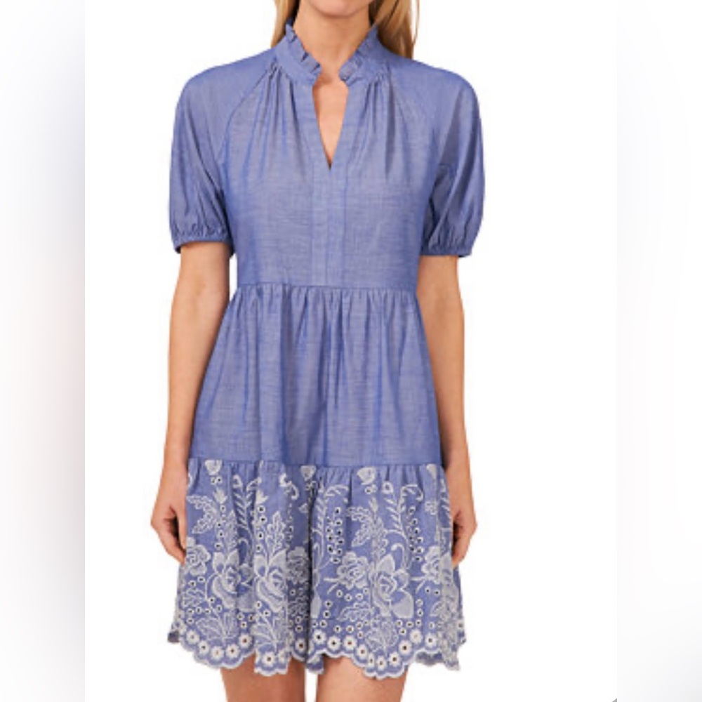 CeCe Women Blue Dress with Lace Hem Size Large